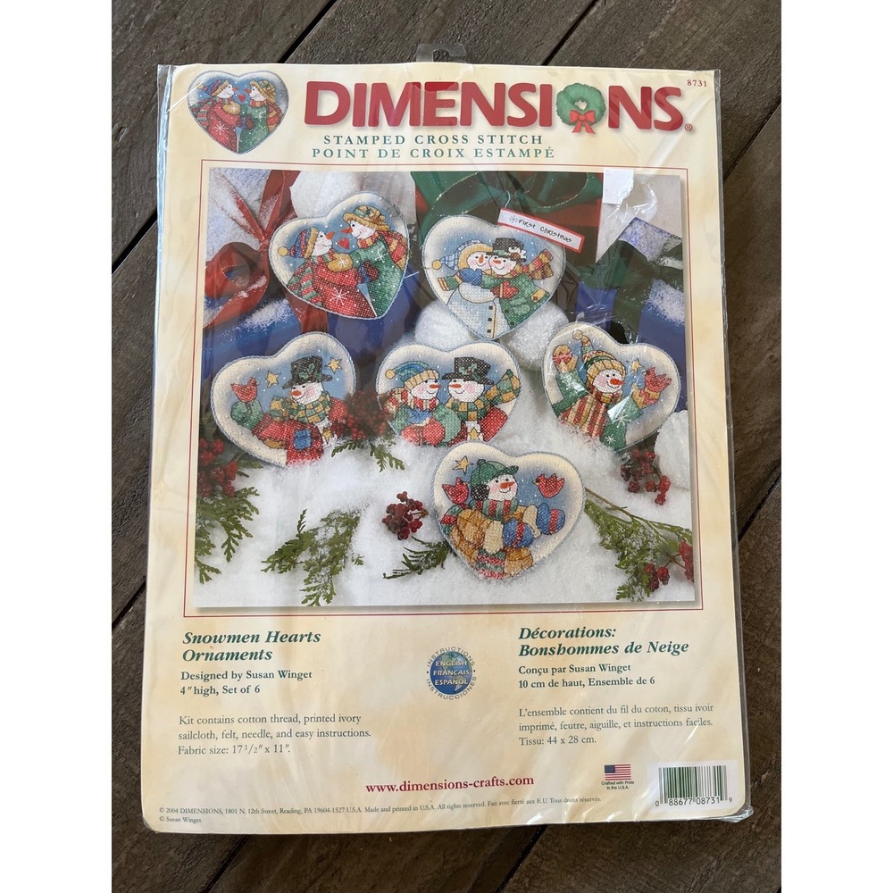 Dimensions‎ Snowmen Hearts Ornaments Stamped Cross Stitch Kit 8731 Susan Winget